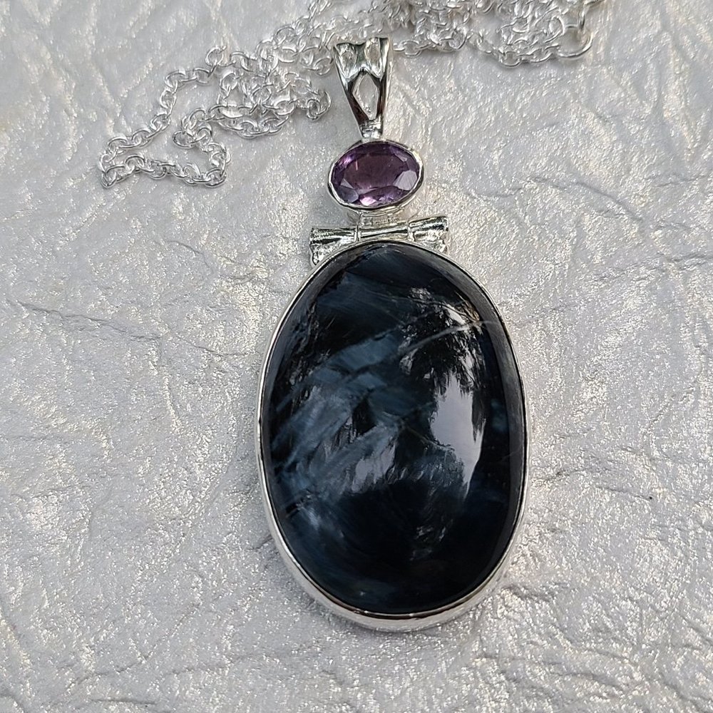 Pietresite and Amethyst Sterling Silver Pendant-Chunky Pietresite Pendant - Picture 4 of 6